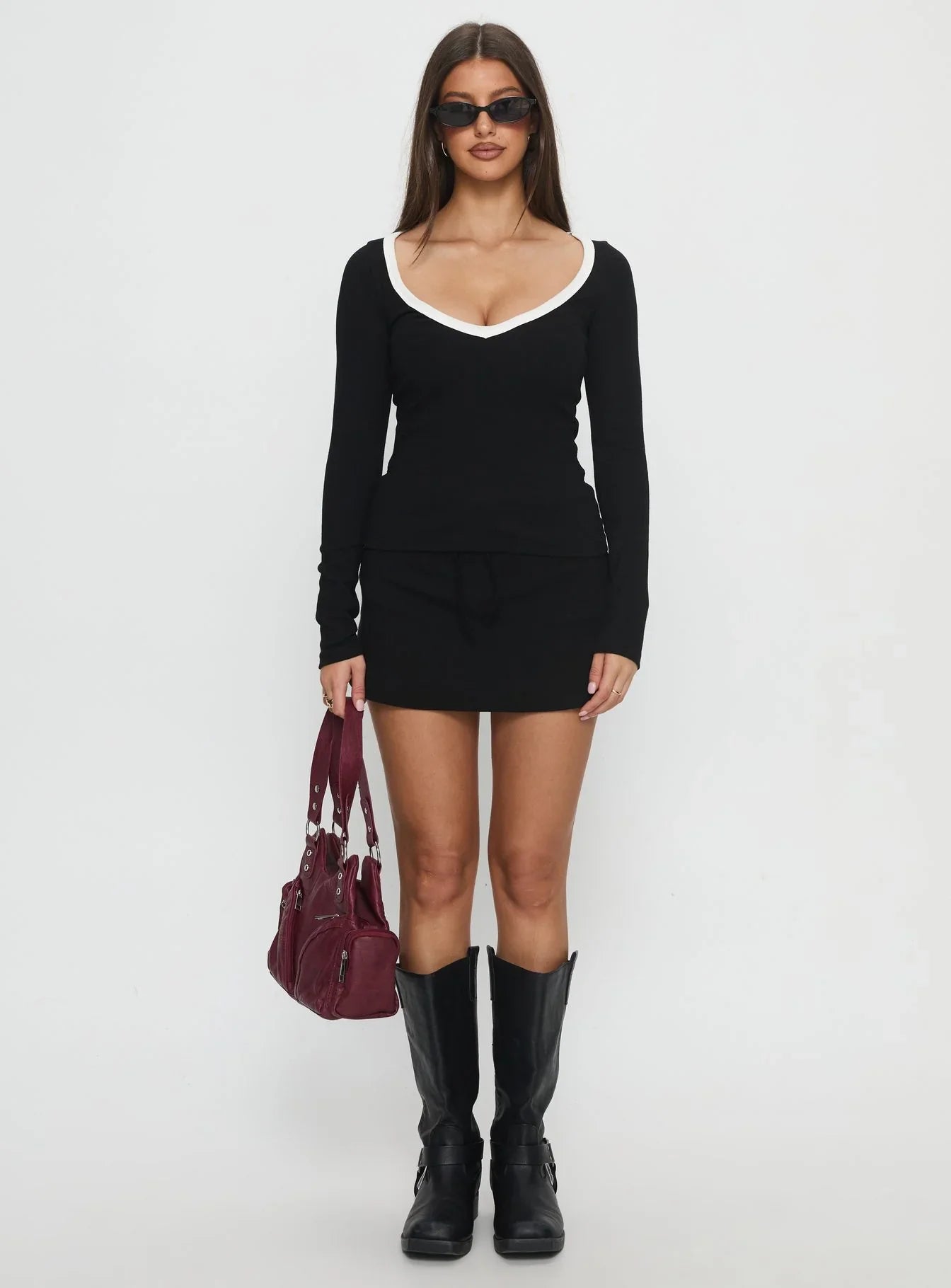 Baseline V Neck Long Sleeve Top Black White