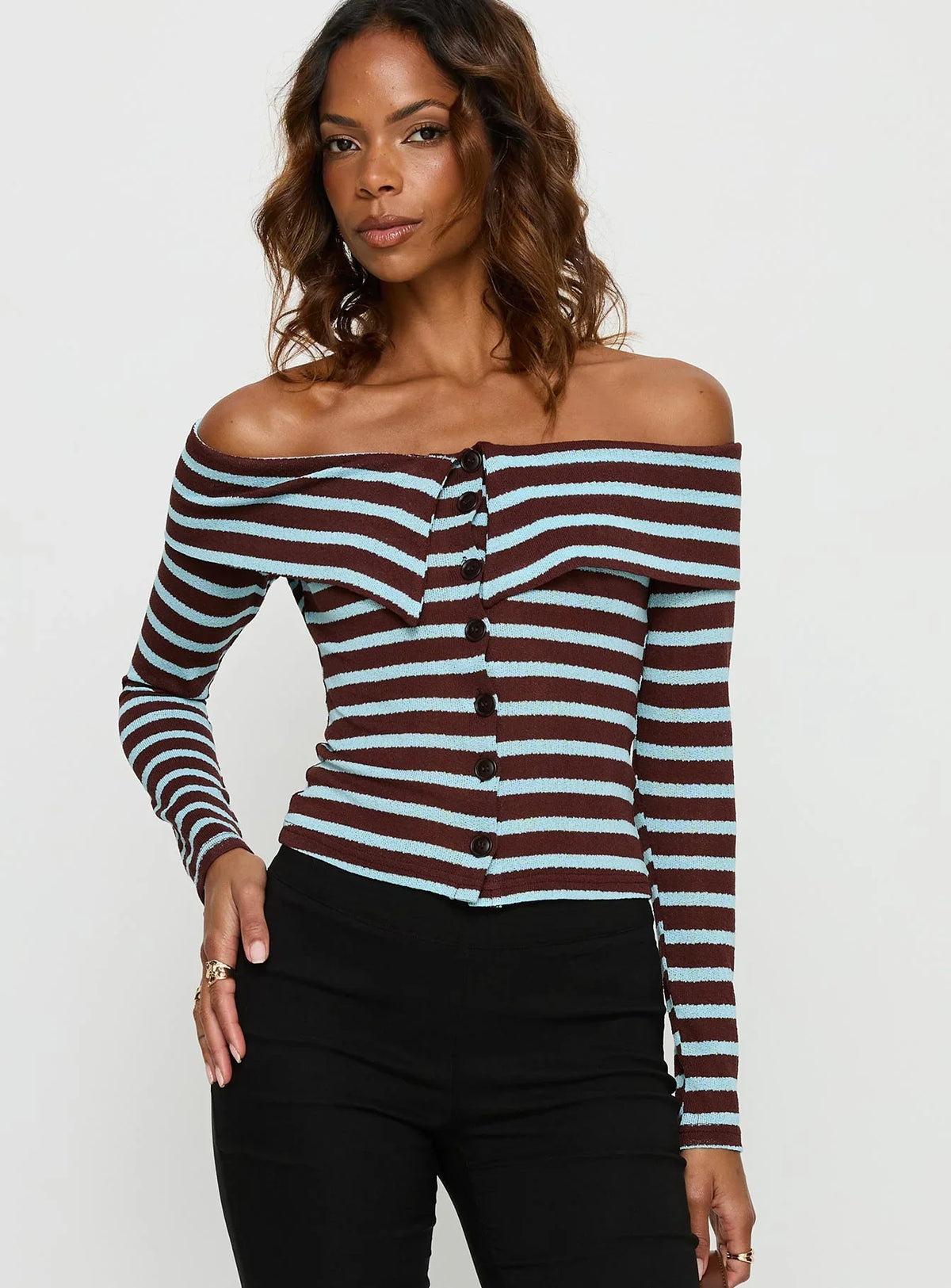 Raelena Off Shoulder Long Sleeve Top Blue Brown Stripe
