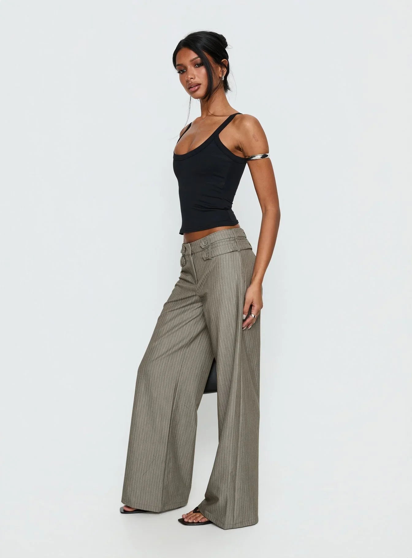 Jette Tailored Buckle Pant Taupe Pinstripe