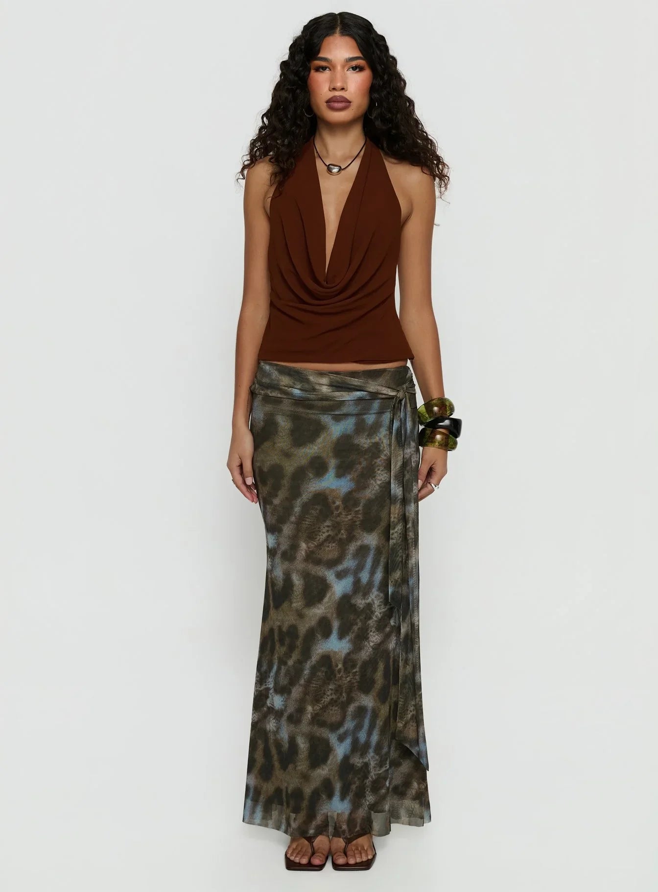 Annina Plunge Neck Backless Halter Top Chocolate
