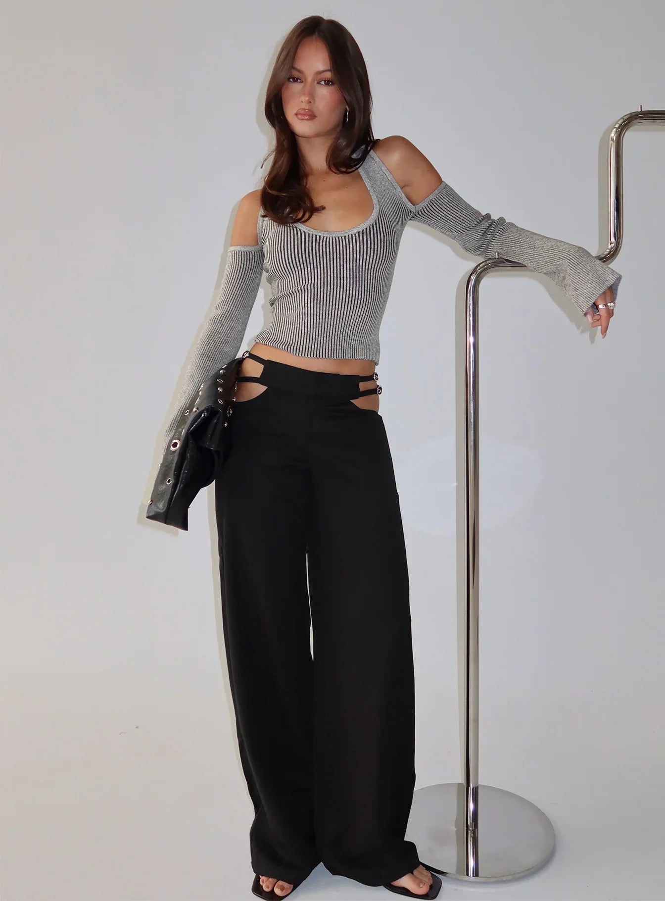 Novelia Halter Long Sleeve Top Black Grey