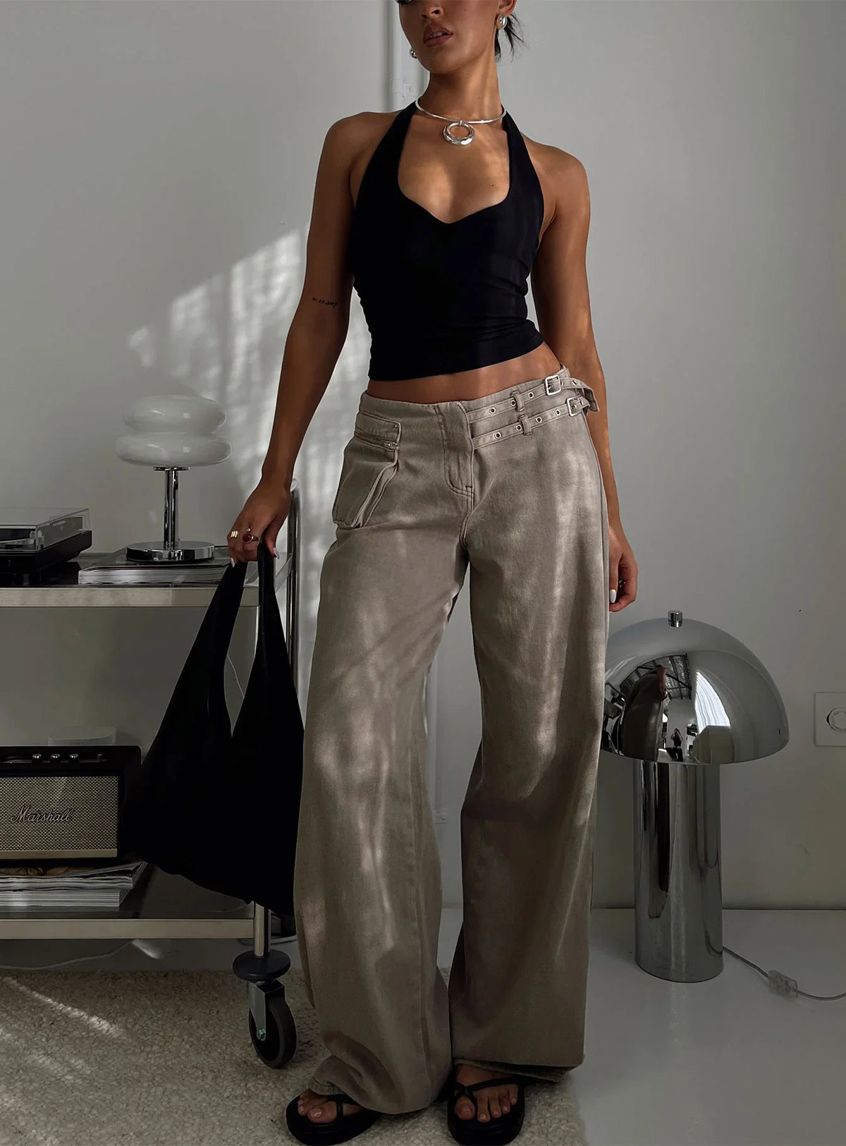 Paltrow Mid Rise Wide Leg Cargo Jeans Washed Brown Petite