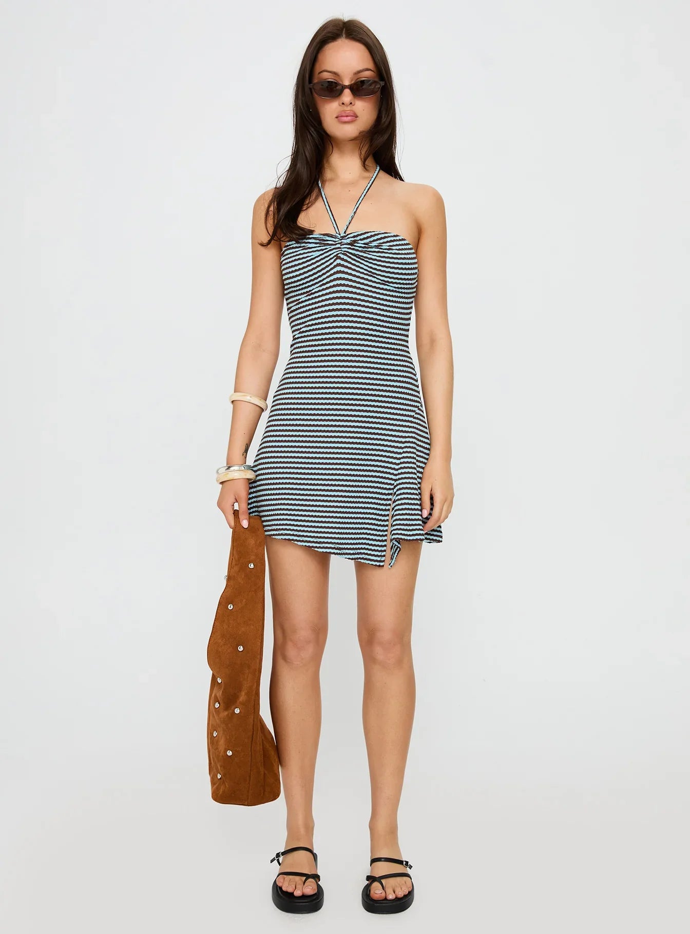 Knoxi Halter Jersey Mini Dress Blue Brown Stripe