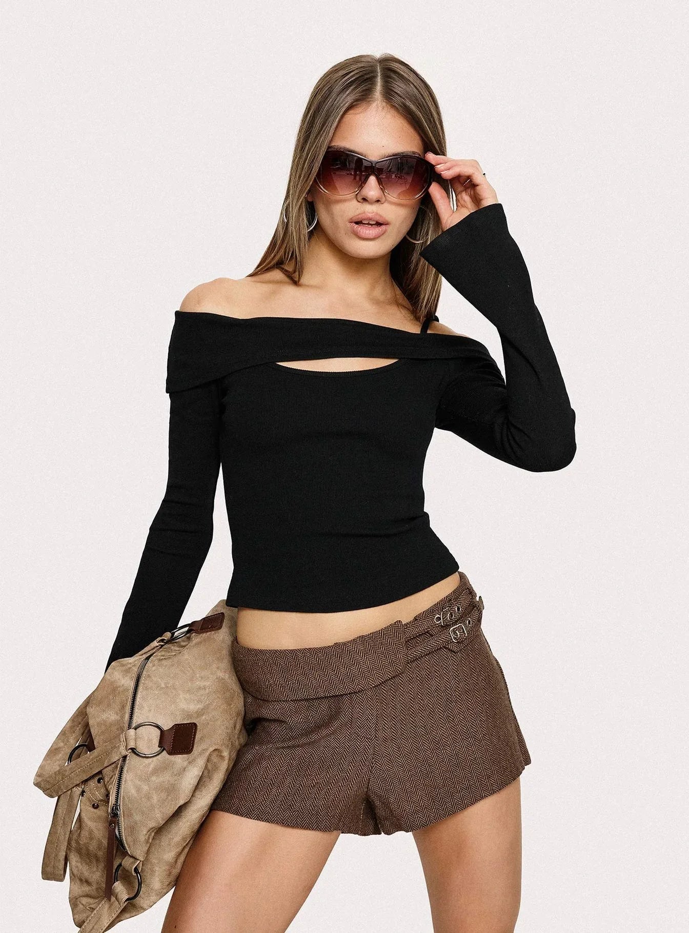 Maddelena Foldover Waist Buckle Detail Shorts Brown
