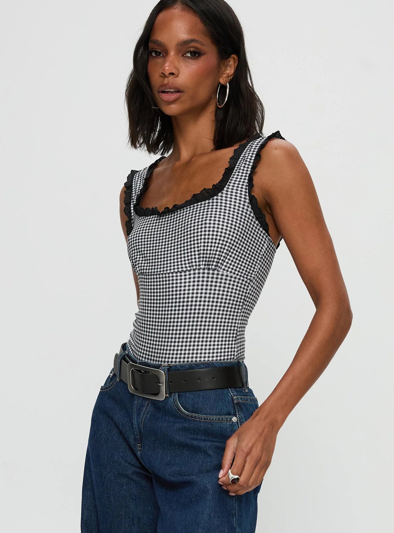 Trustfund Lace Trim Bodysuit Black White Check