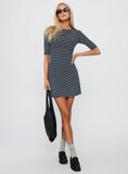 Evyna Boat Neck 3 4 Sleeve Mini Dress Navy Stripe