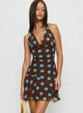 Karolie Halter Plunge Mini Dress Brown Blue Polka Dot