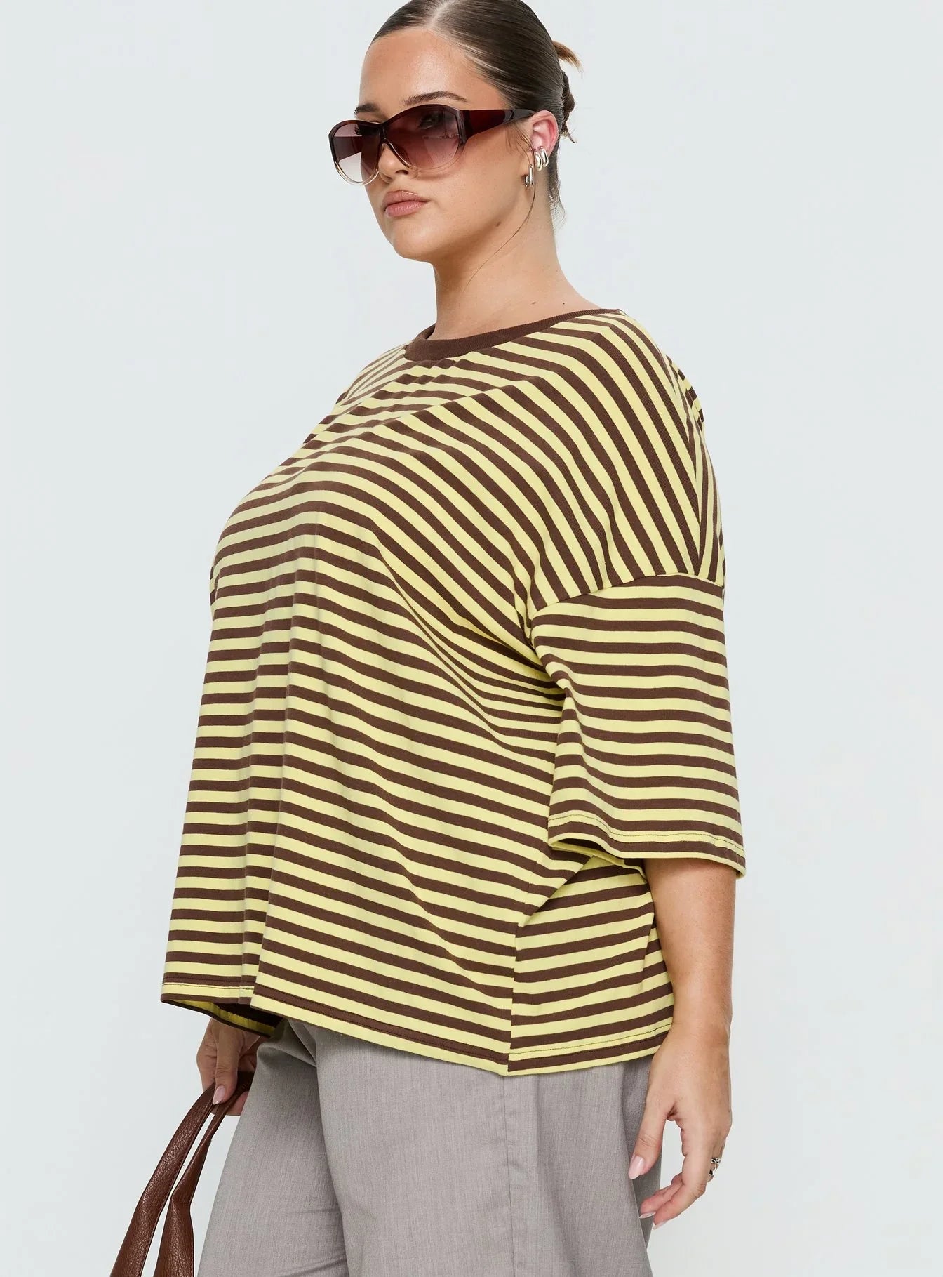Settle Down Short Sleeve Top Yellow / Brown Stripe Curve