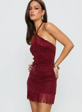 Isabelita Halter Fringe Mini Dress Burgundy