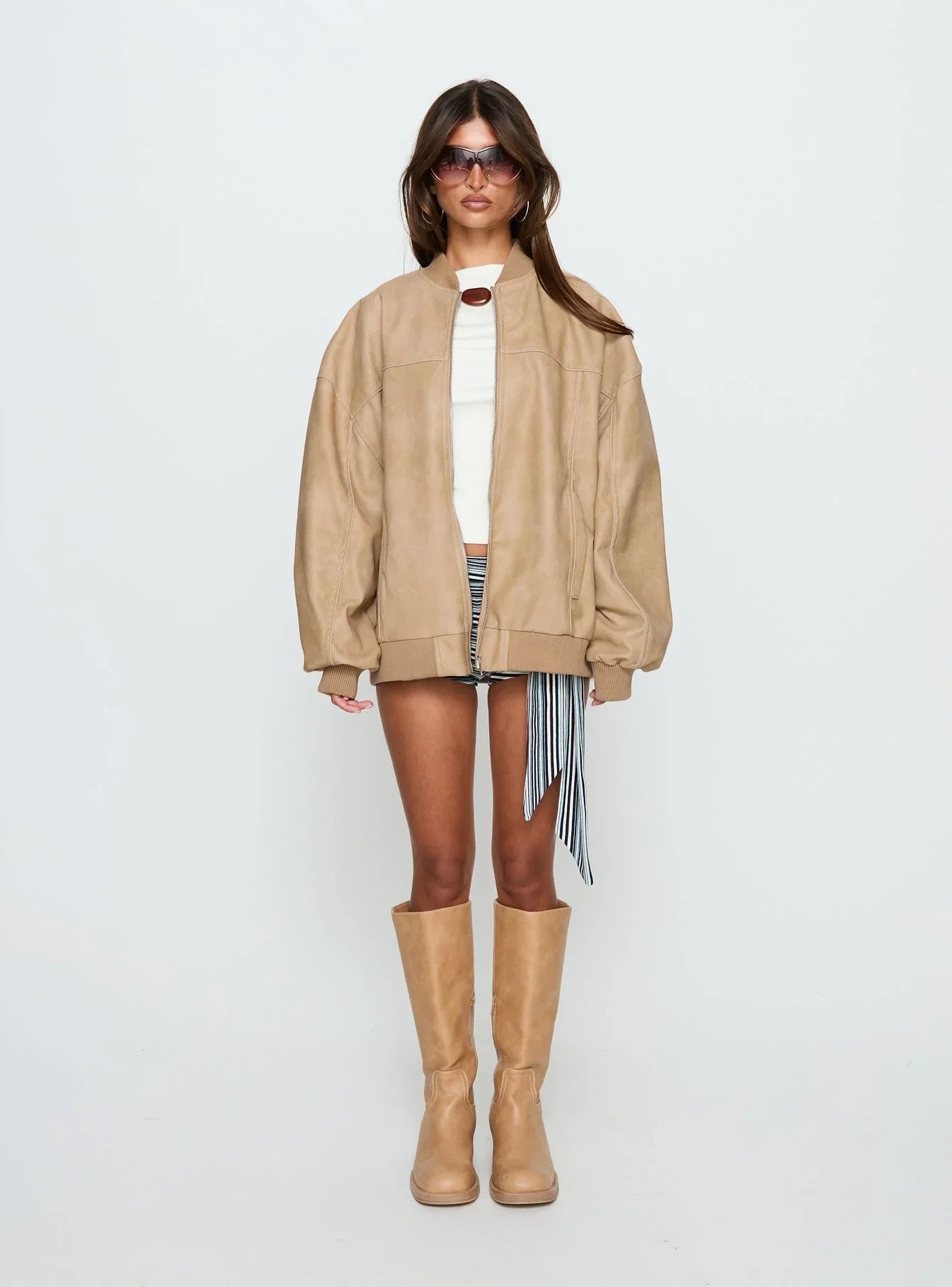 Believe It Faux Leather Bomber Jacket Washed Stone