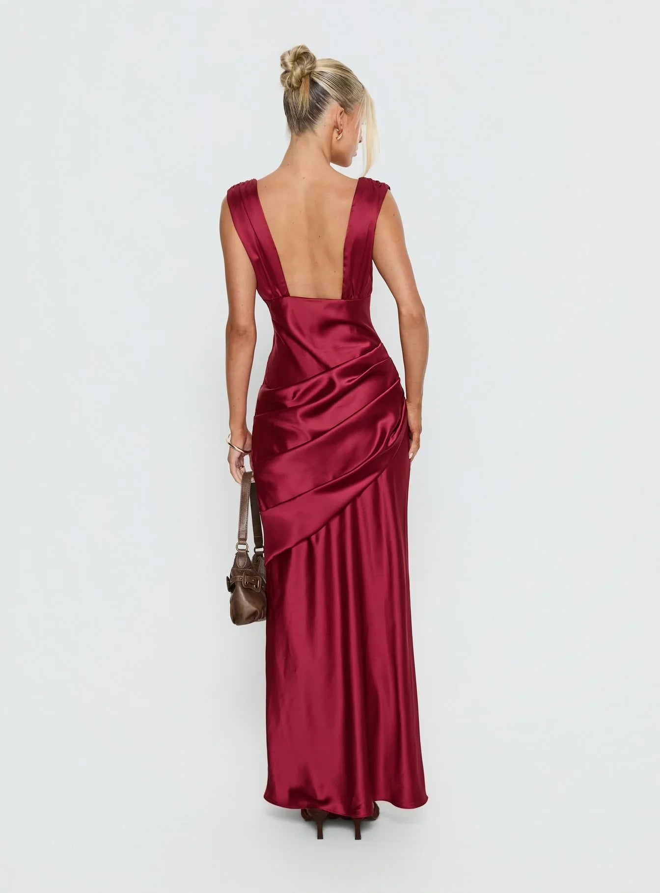 False Alarm Plunge Asymmetrical Pleat Maxi Dress Red