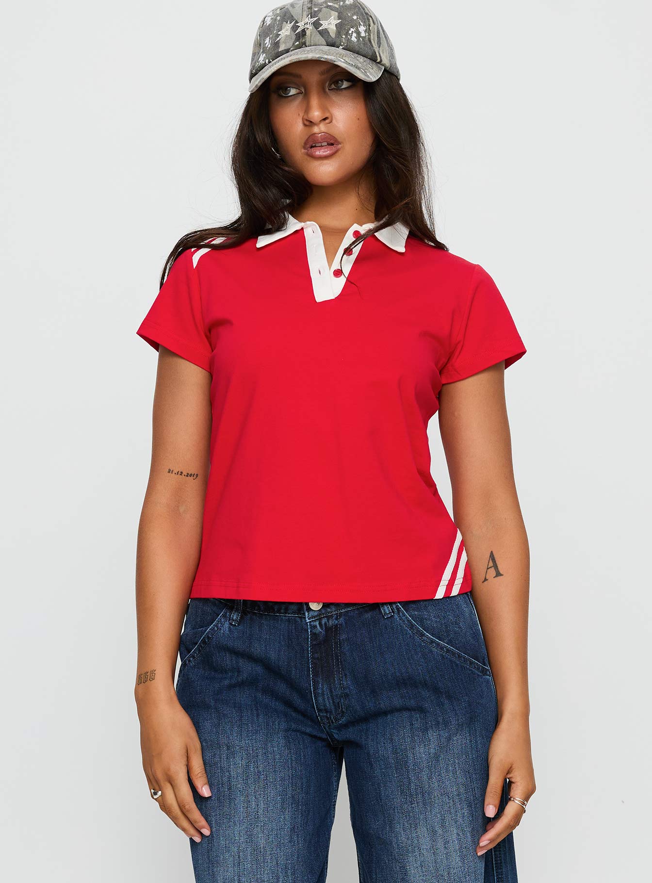 Learn Your Lesson Contrast Collared Top Red White