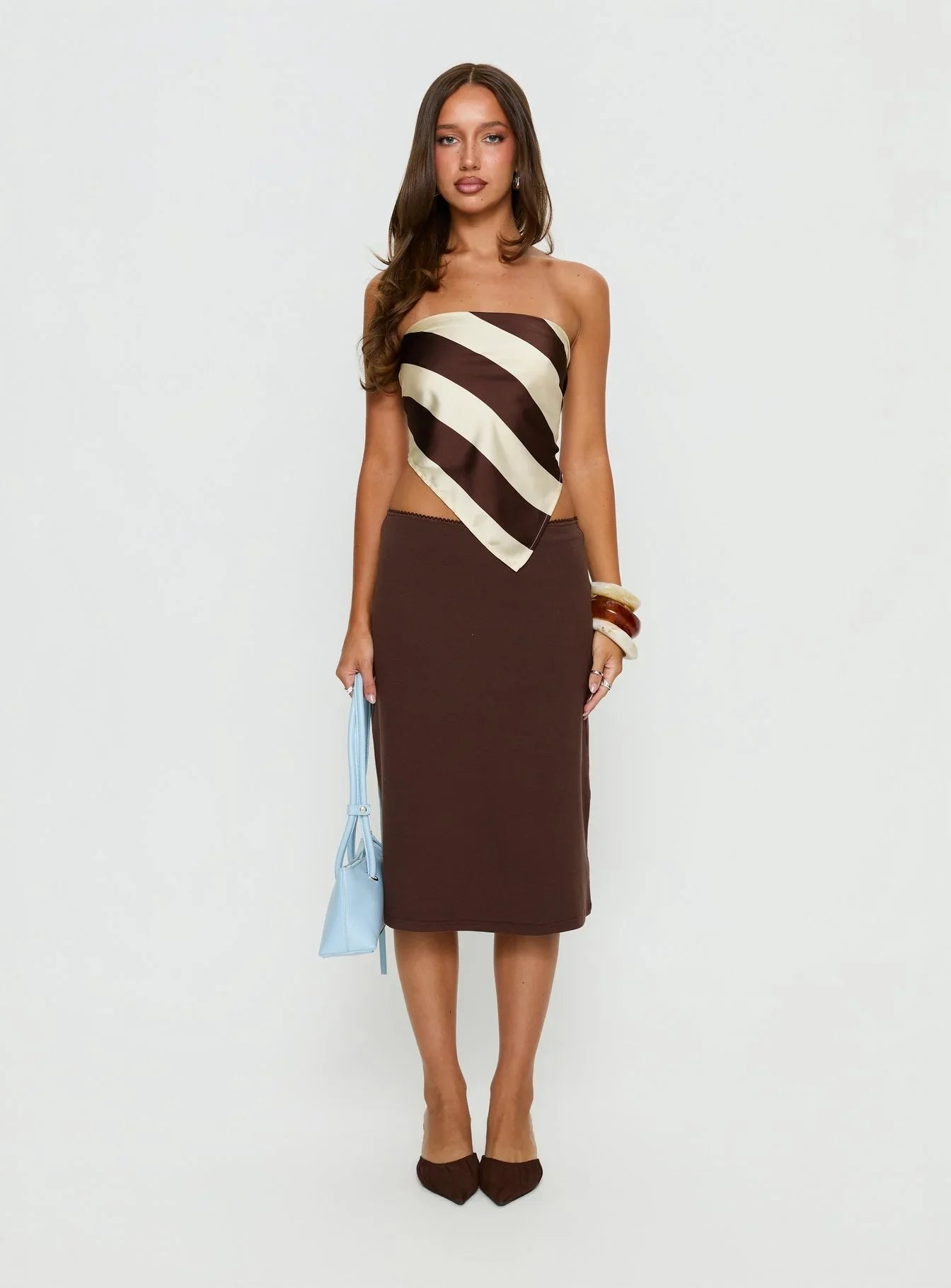 Lailana Tie Back Strapless Scarf Top Brown Stripe