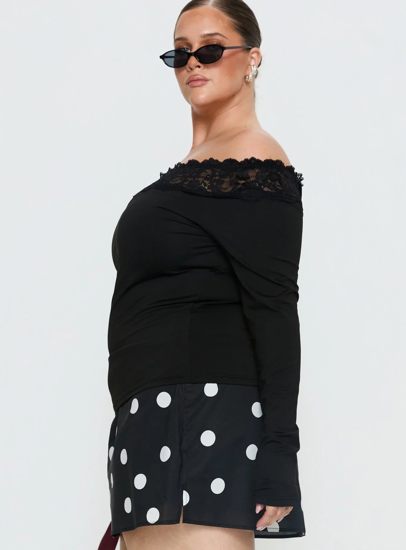 Breiann Lace Off Shoulder Long Sleeve Top Black Curve
