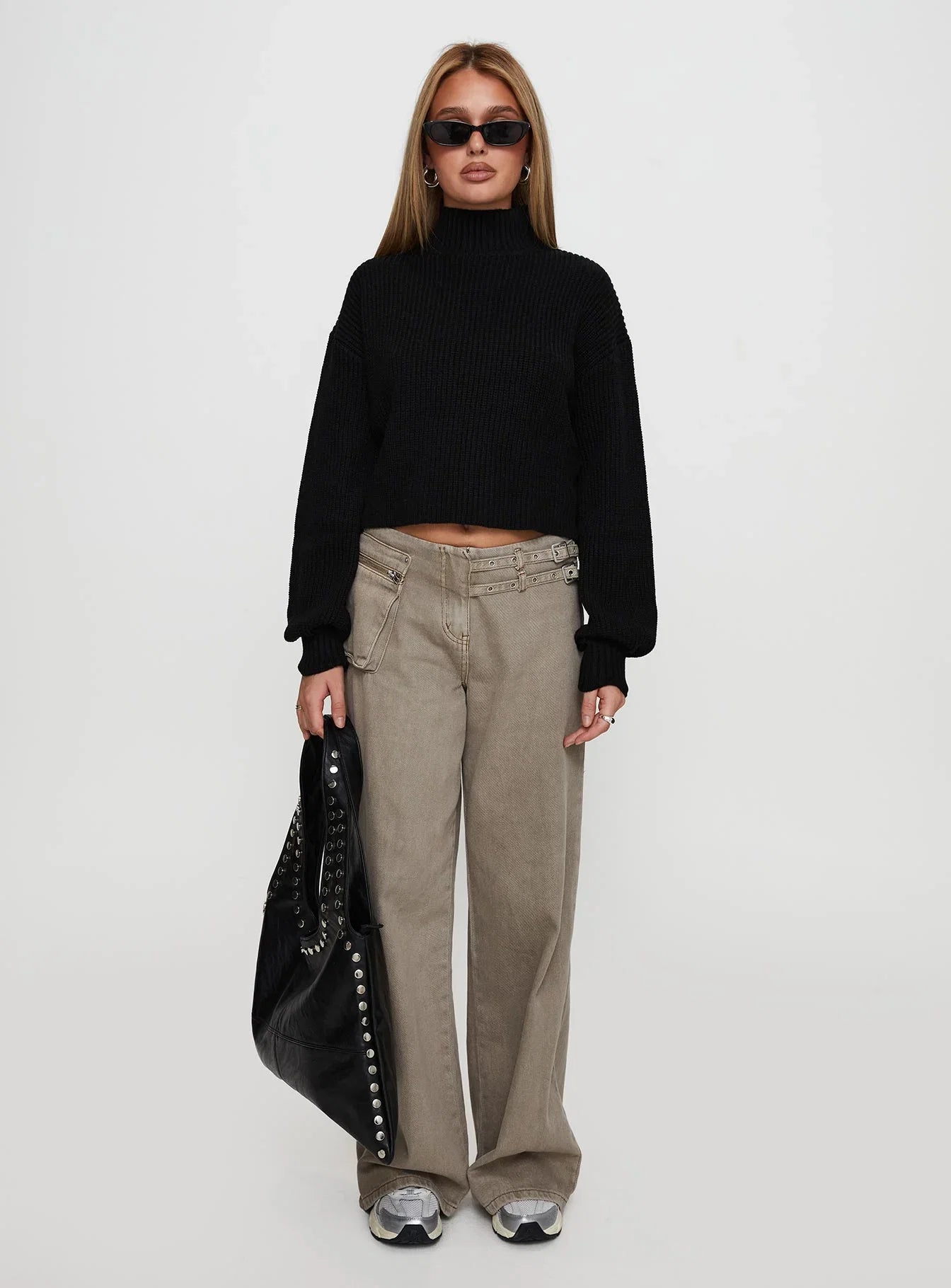 Sayge Mock Neck Knit Sweater Black