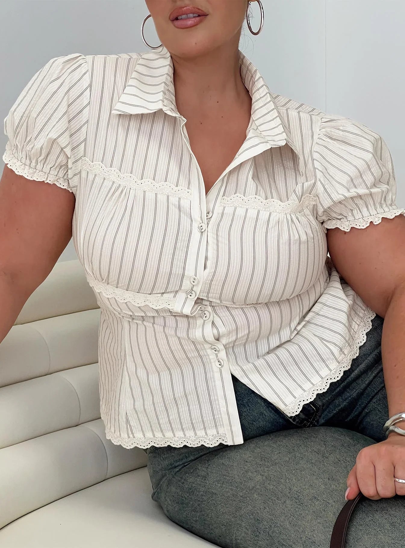 Deserve You Puff Sleeve Button Front Top Cream Stripe Curve