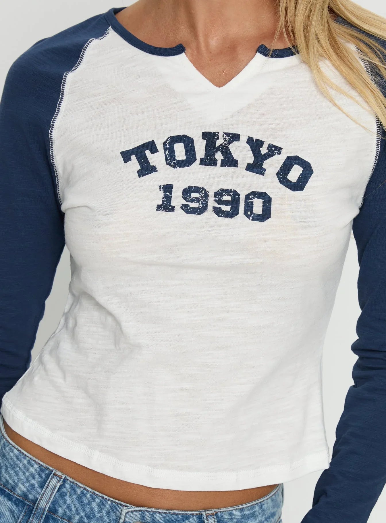 Tokyo 1990 Long Sleeve Raglan Graphic Top White Blue