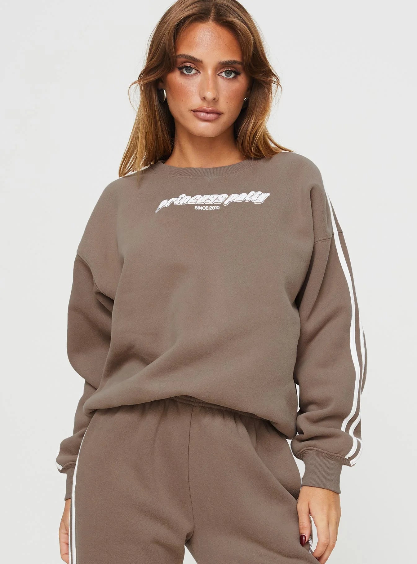 Princess Polly Crew Neck Sweatshirt Stripe Taupe White