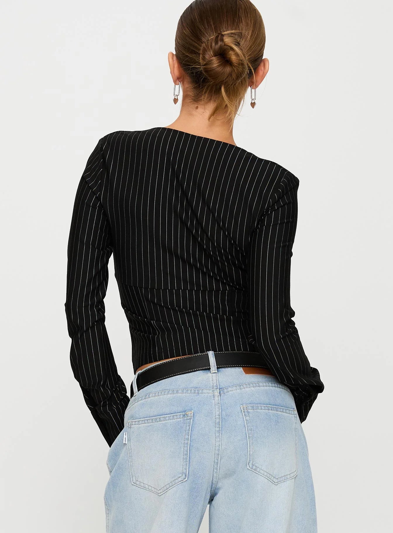 Set For Life Foldover Detail Long Sleeve Top Black White Pinstripe