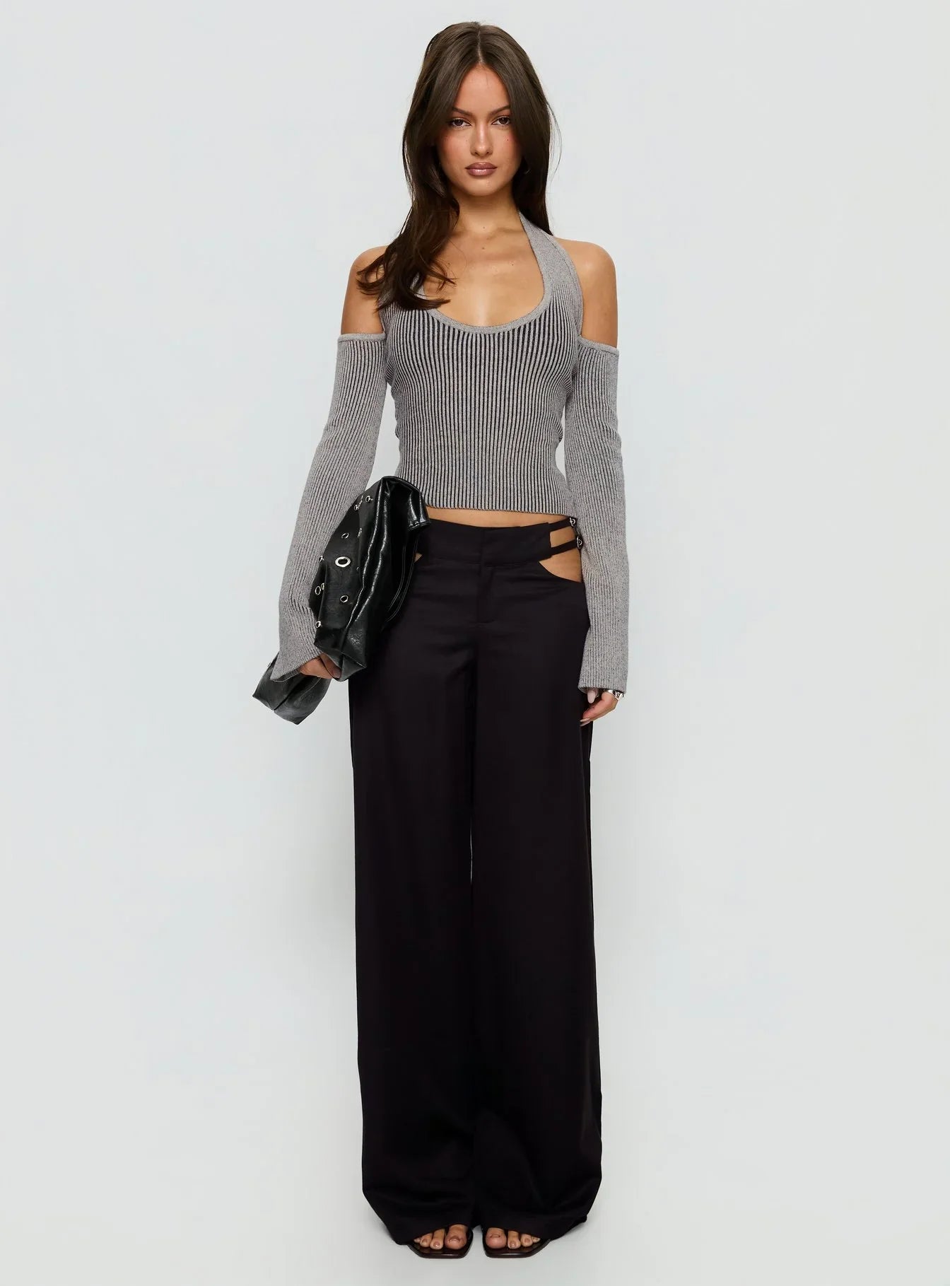 Novelia Halter Long Sleeve Top Black Grey