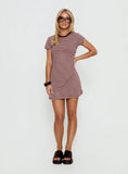 Settle Down Short Sleeve Mini Dress Pink Brown Stripe