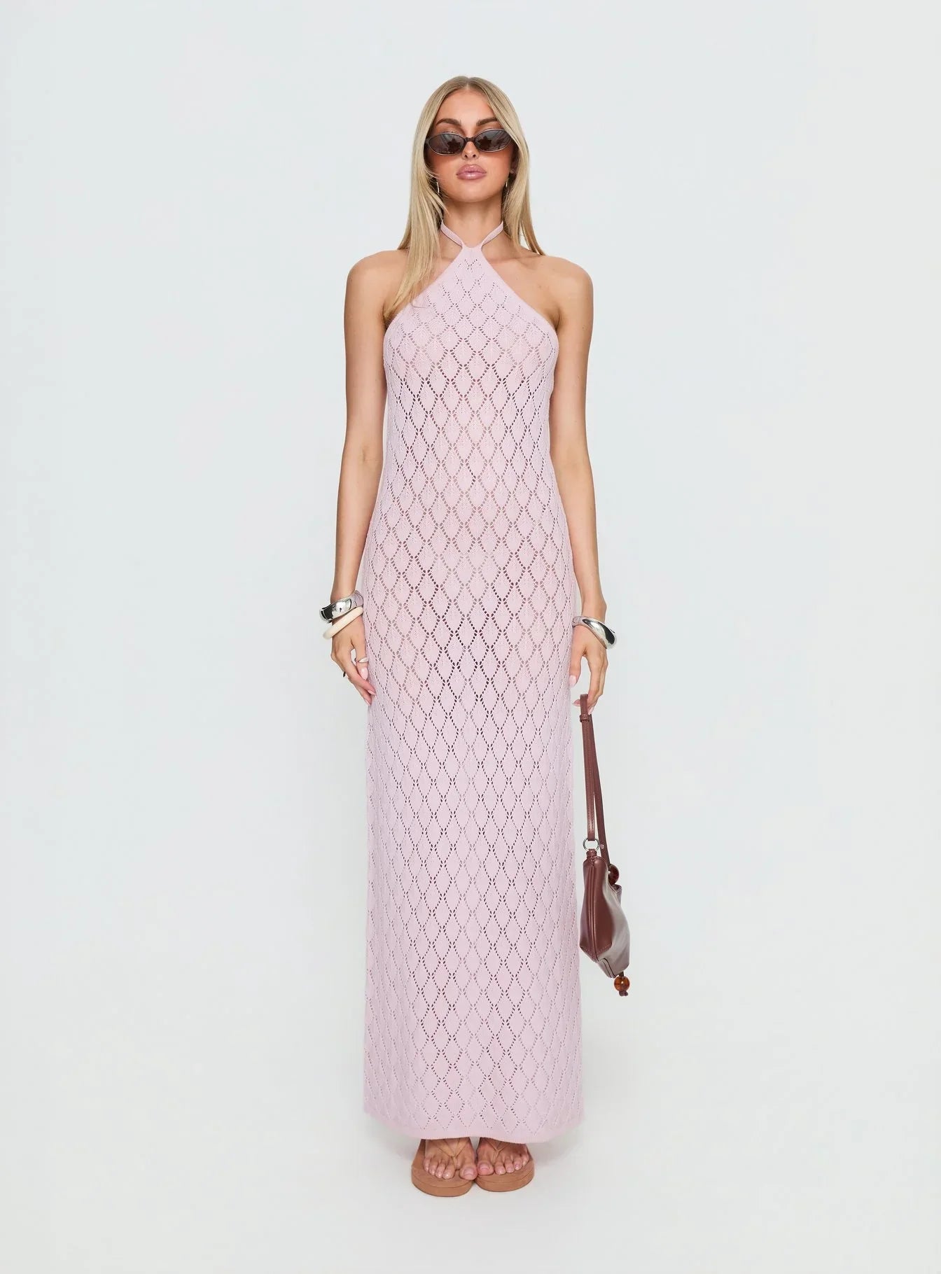 Jorda Halter Crochet Maxi Dress Pink