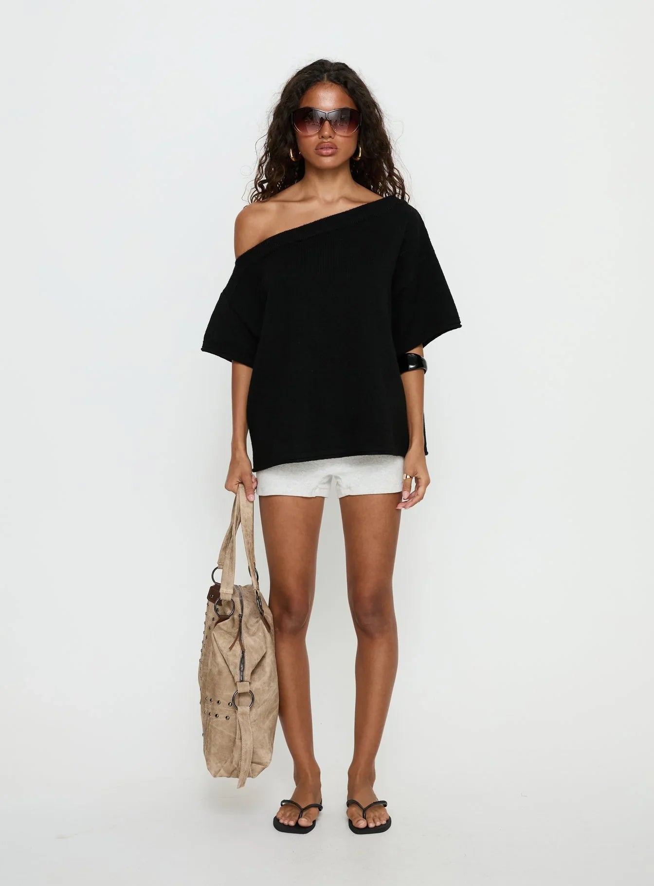 Kourta Off Shoulder Oversized Knit Top Black