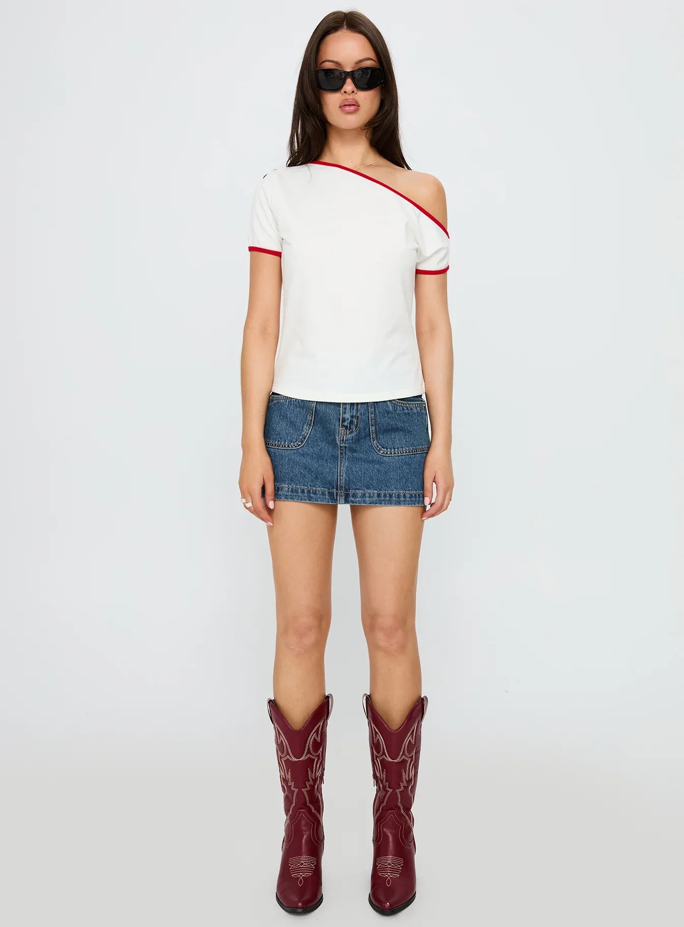 Kelsa Off Shoulder Contrast Trim Top White Red