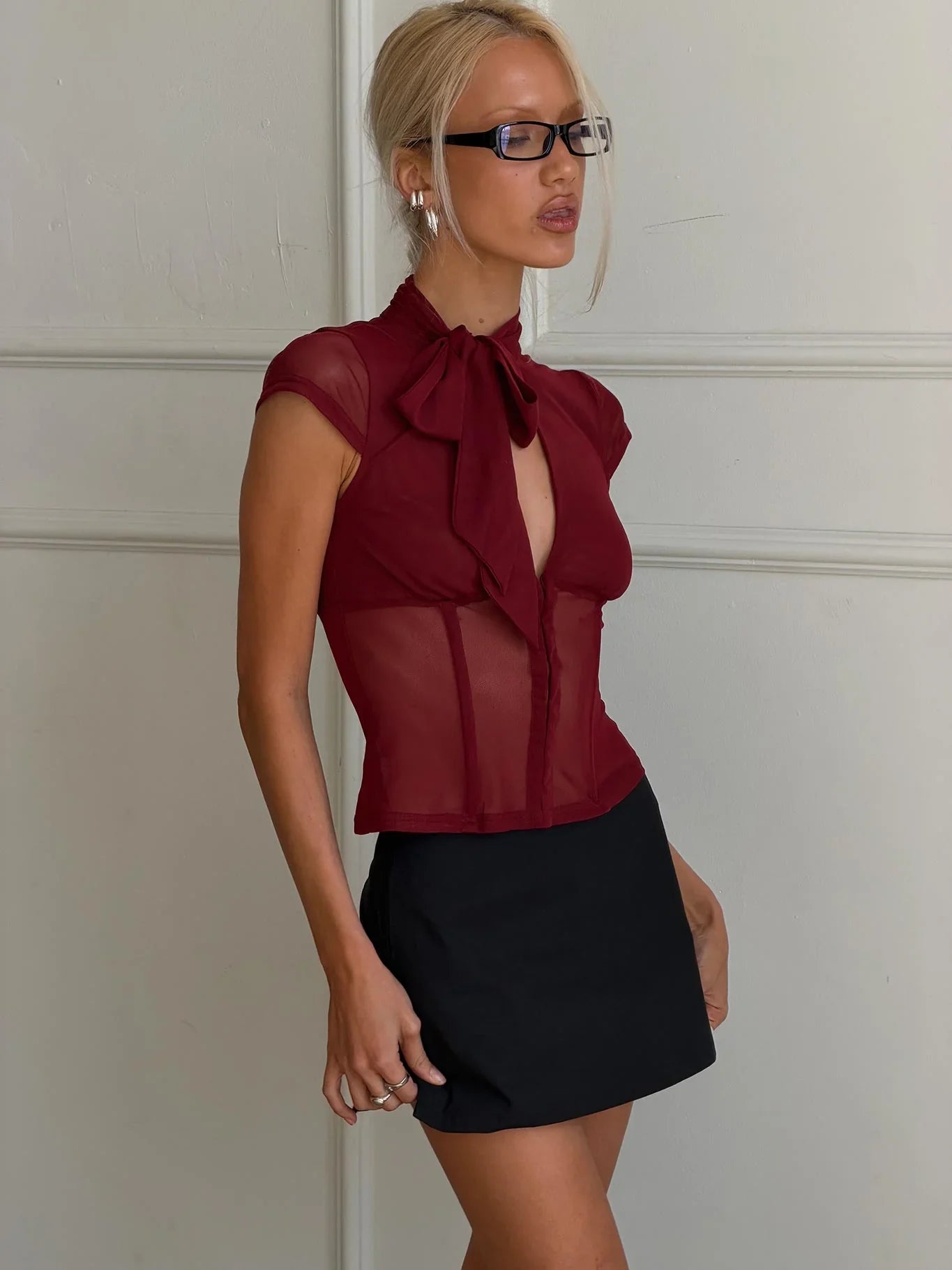 Anistasia Mesh Keyhole Corset Top Burgundy