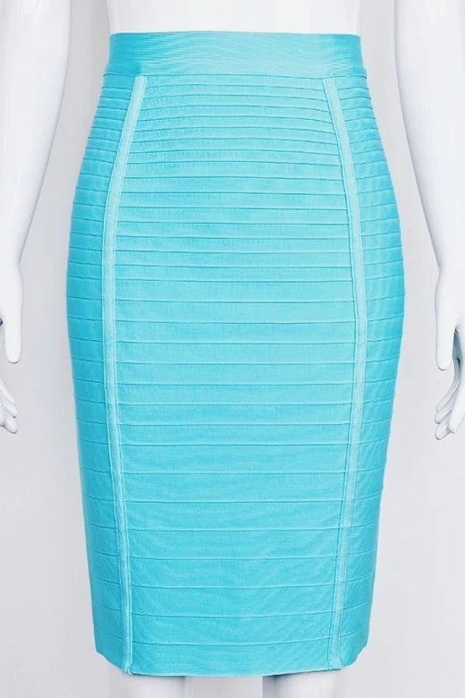 Pencil High Waist Bandage Knee Length Knitted Skirt Turquoise Blue