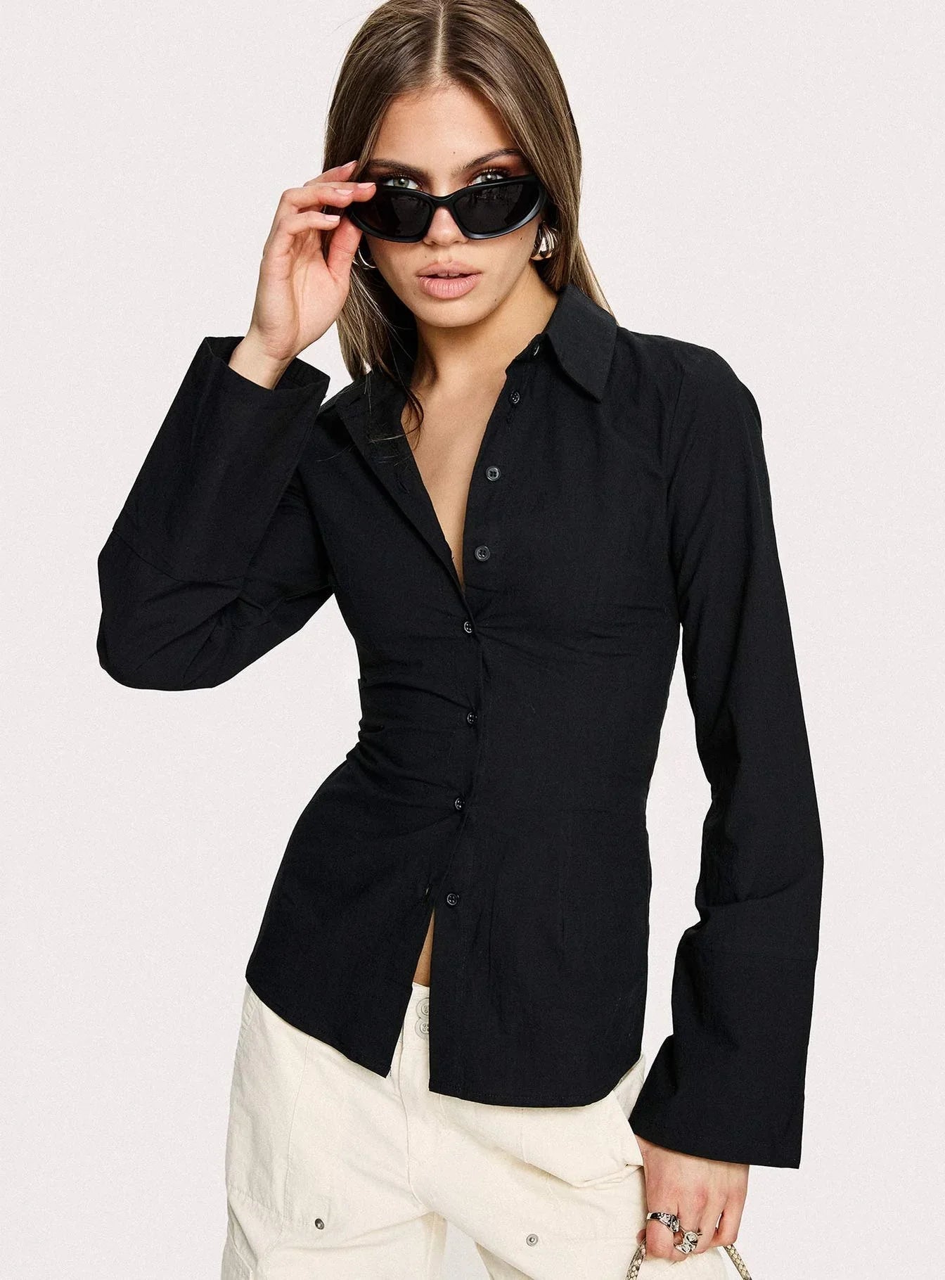 Lesper Long Sleeve Tie Back Top Black