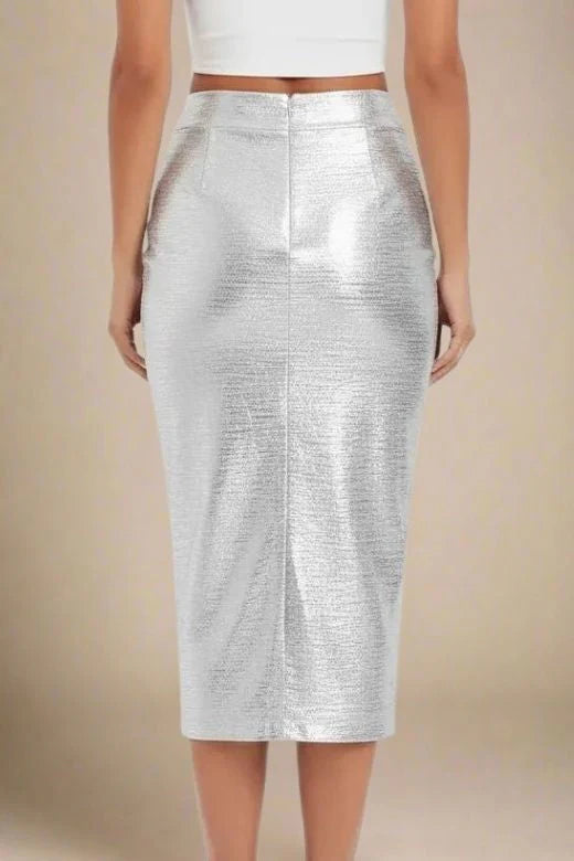 High Waist Leather Pencil Skirt Midi Length Metallic Silver