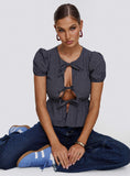 Verah Tie Up Puff Sleeve Top Navy Check