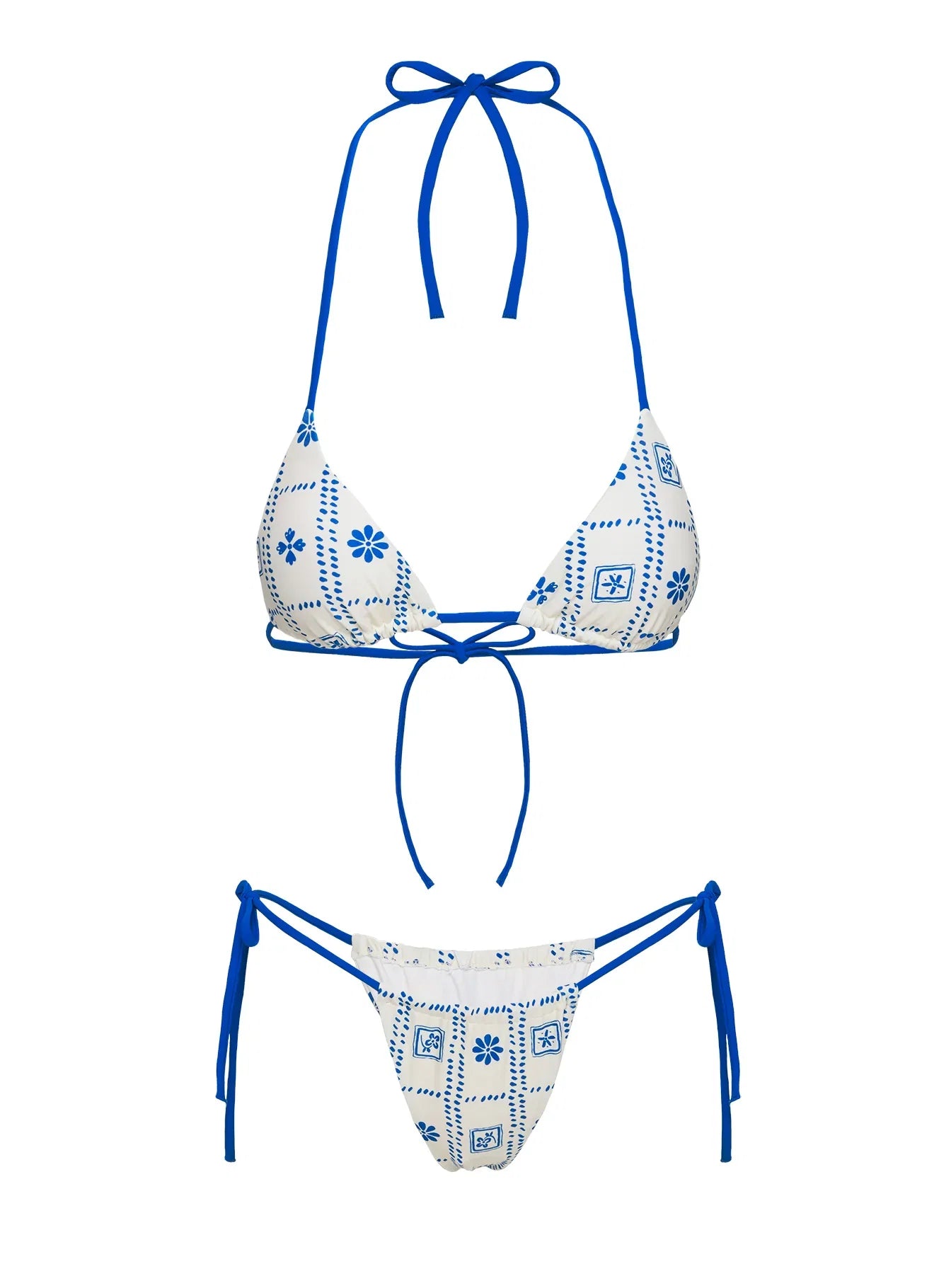 Jenner Tie Side Ruched Bikini Bottom White Blue Floral