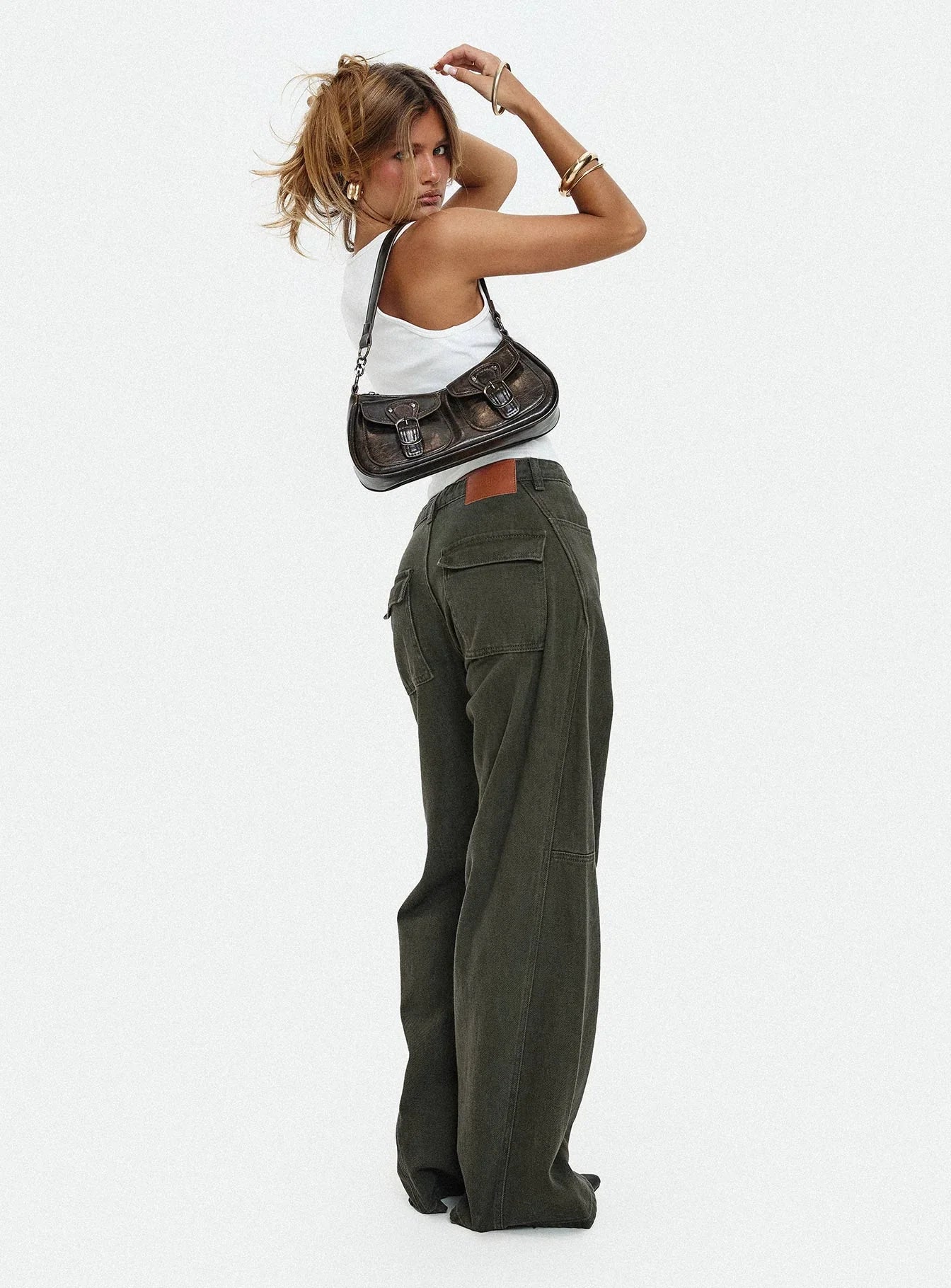 Bruiser Tie Waist Mid Rise Wide Leg Jeans Green Petite