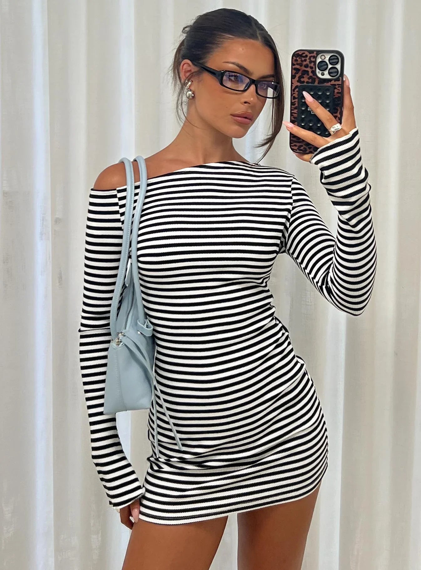 Journi Off Shoulder Long Sleeve Mini Dress Black White Stripe