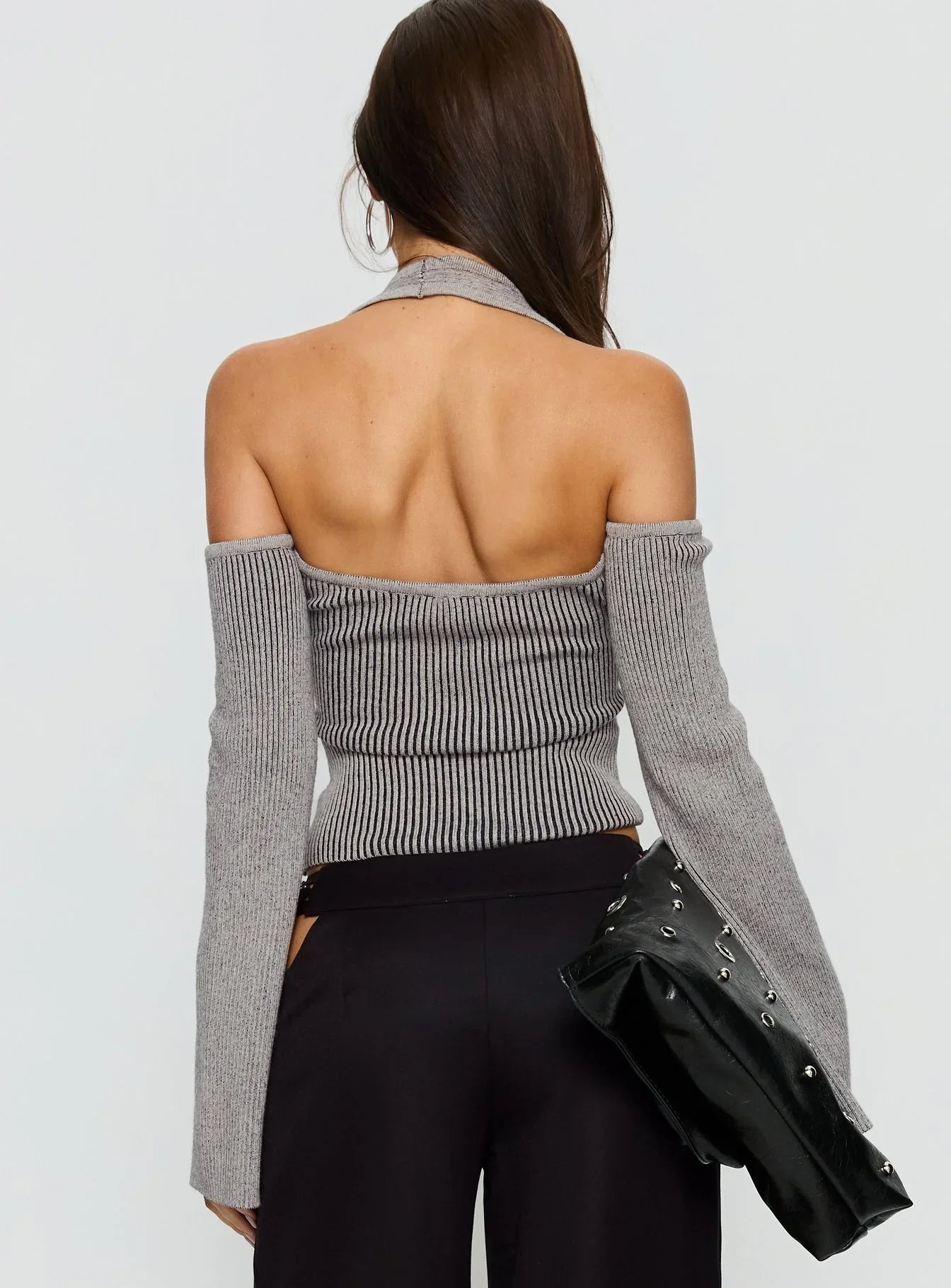 Novelia Halter Long Sleeve Top Black Grey
