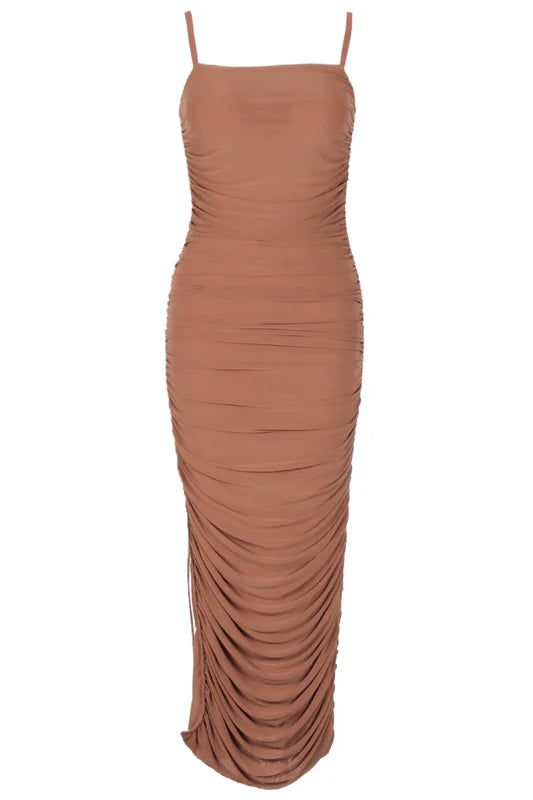 Zoe Bodycon Wrap Maxi Dress Tan Brown Sale