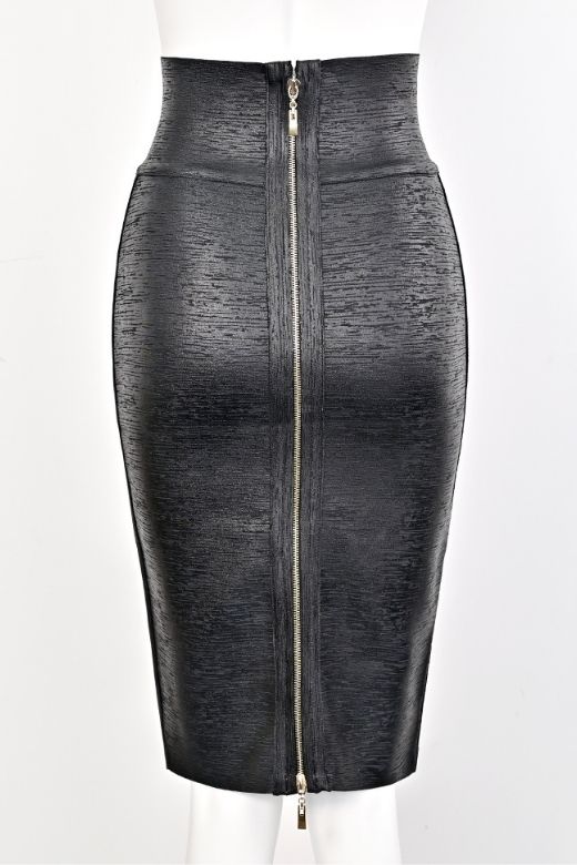 High Waist Leather Pencil Skirt Midi Length Metallic Black