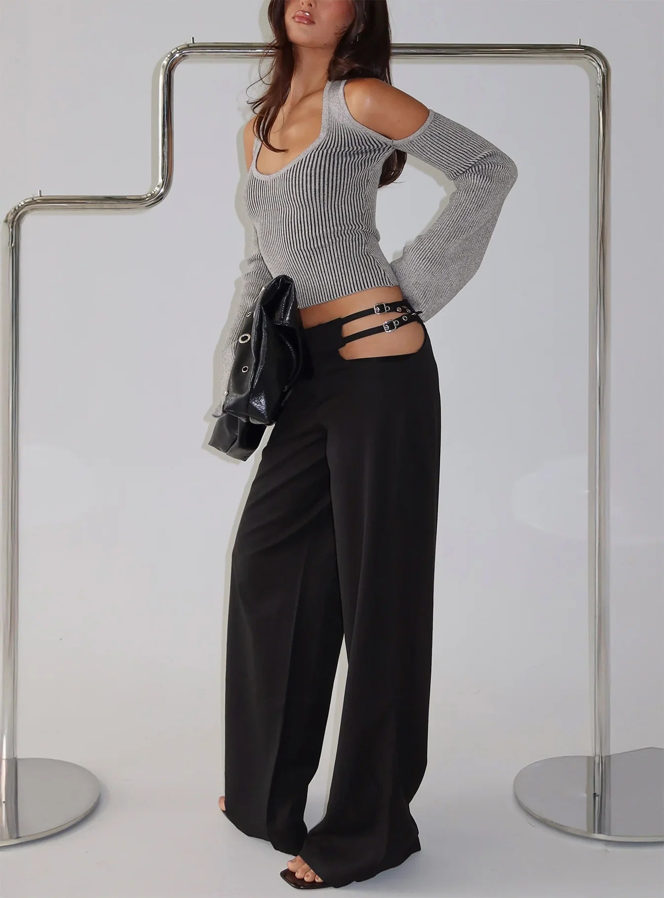 Venicia Belt Detail Suiting Pant Black Pinstripe