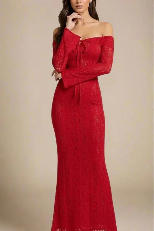 Rose Long Sleeve Bodycon Maxi Dress Lipstick Red