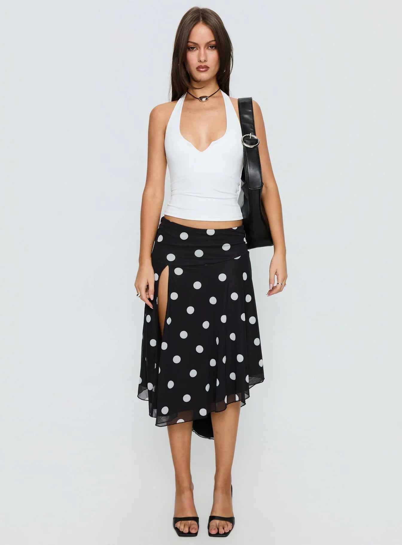 Dulciana High Split Asymmetrical Midi Skirt Black Polka Dot