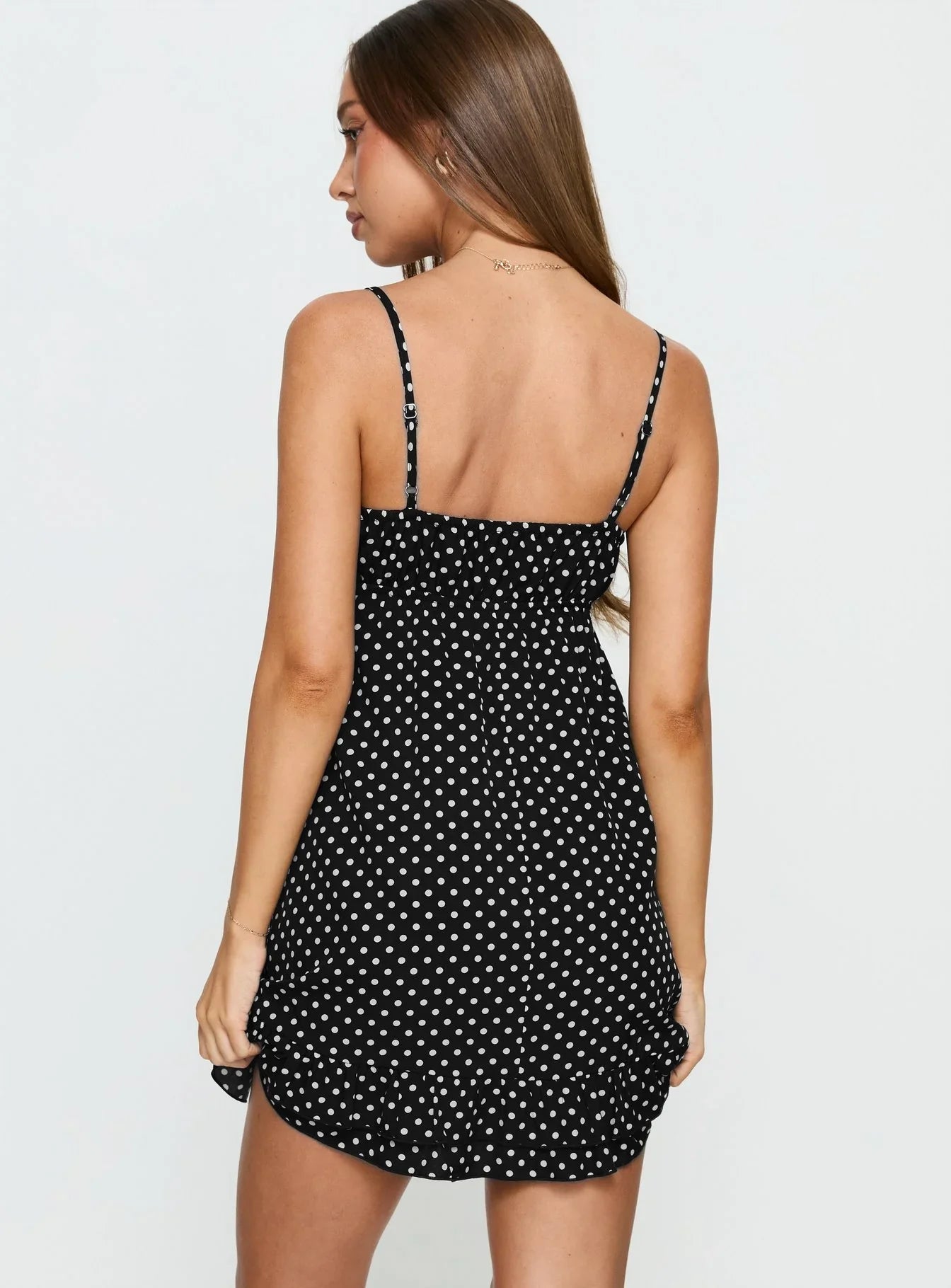 Casee V Neck Frill Mini Dress Black Polka Dot