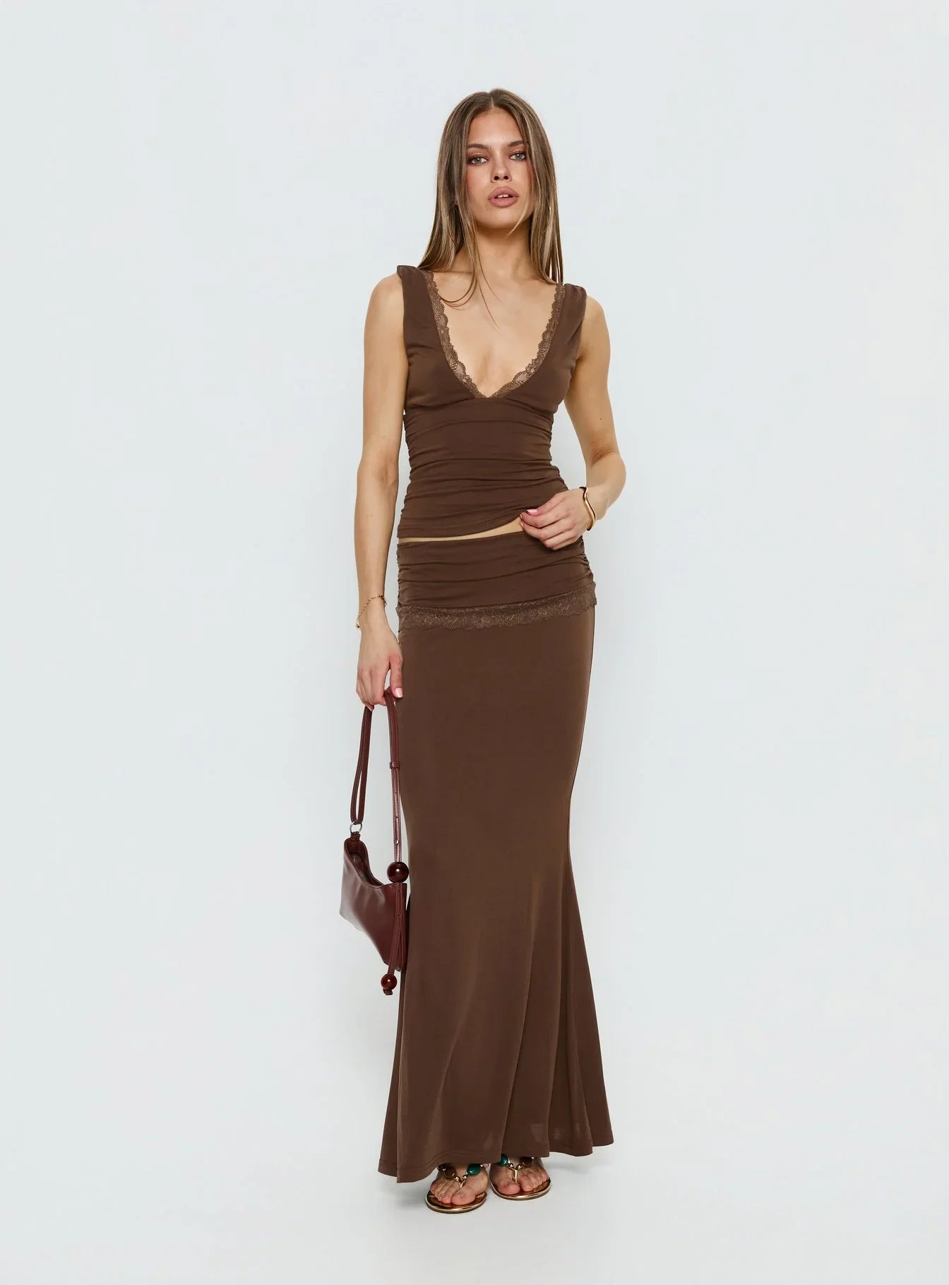 Zespri Lace Jersey Top Brown