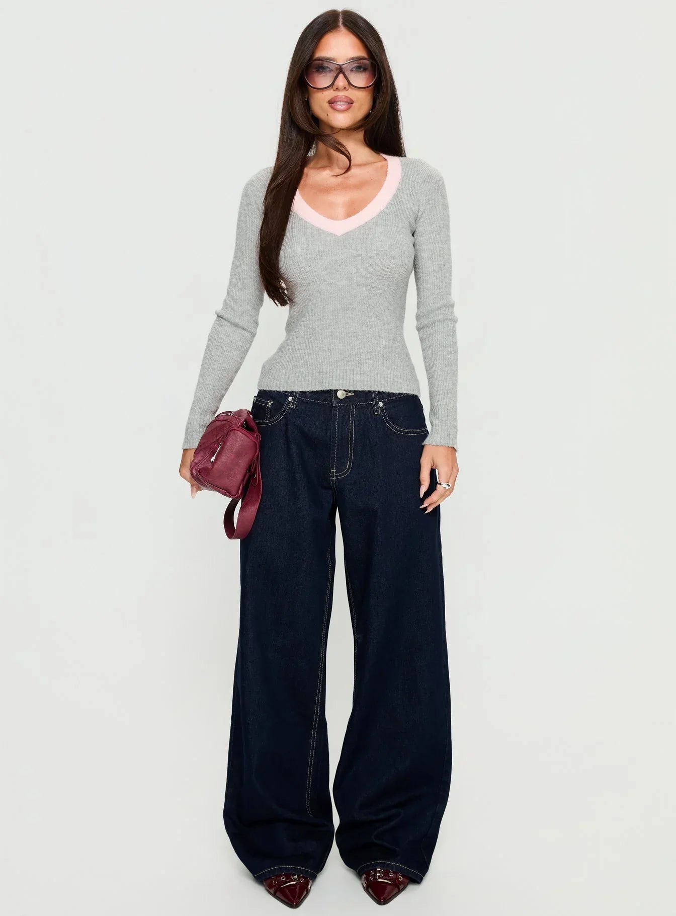 Vanita V Neck Long Sleeve Top Grey Pink