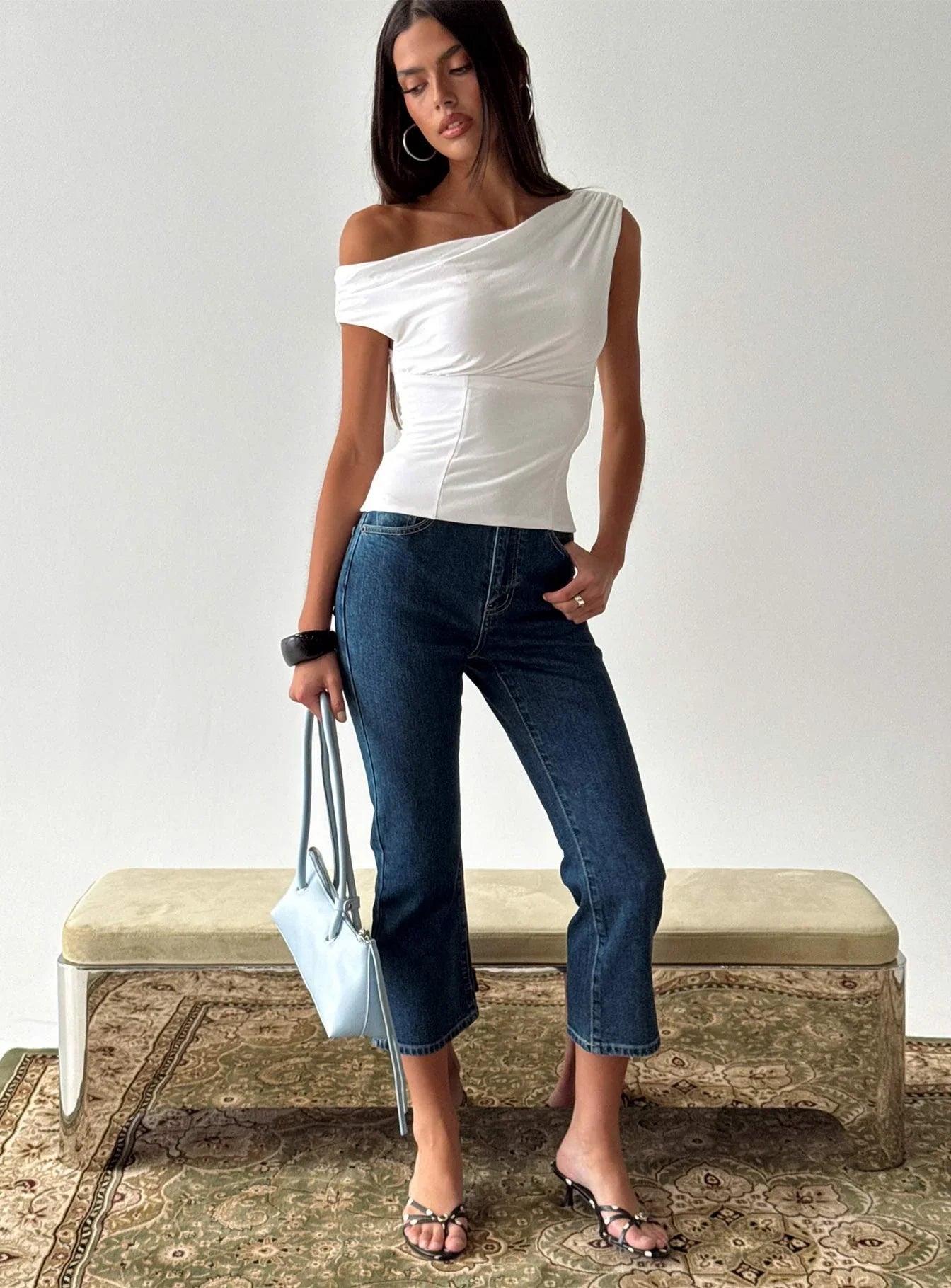Cindee High Rise Cropped Jeans Mid Blue Wash