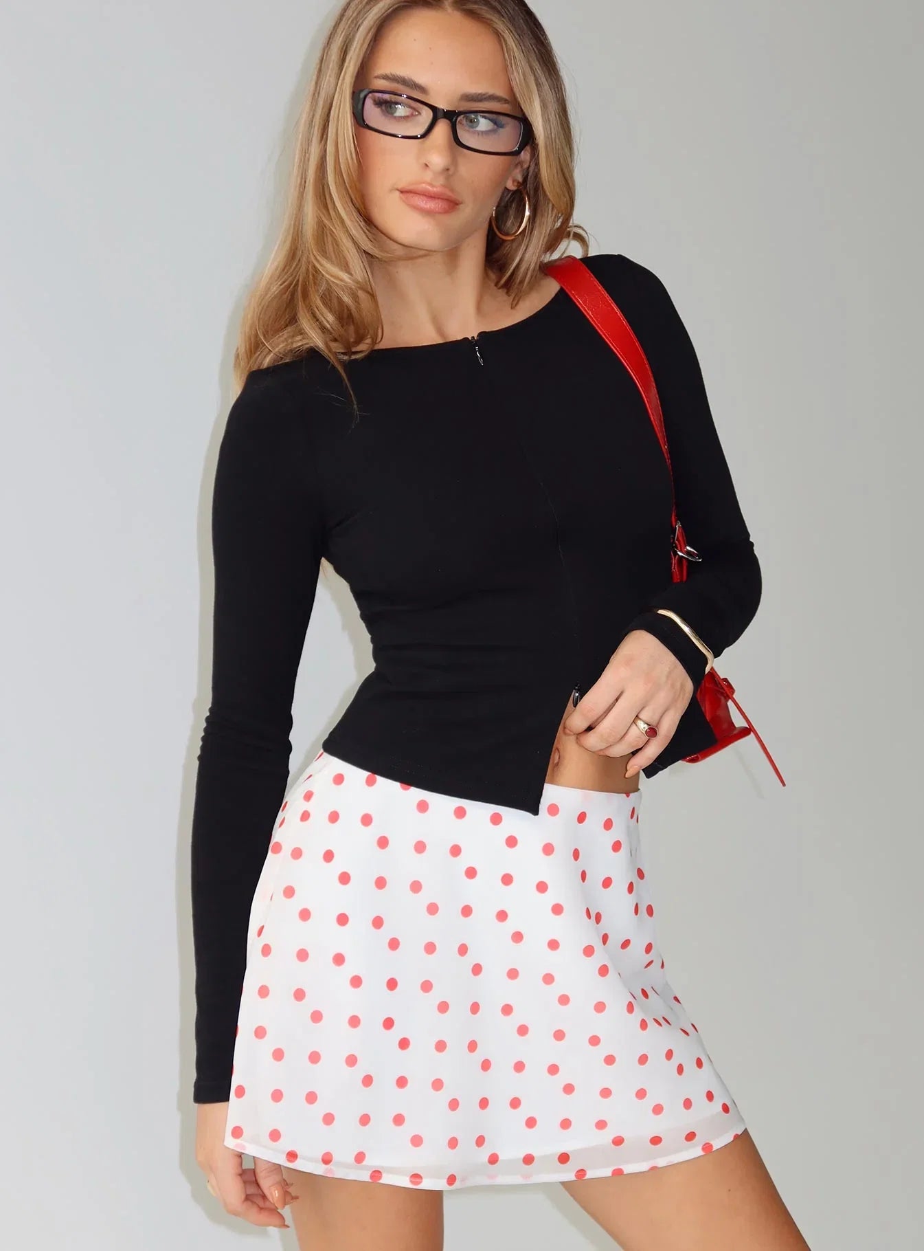 Dapple Bias Mini Skirt White Red Polka