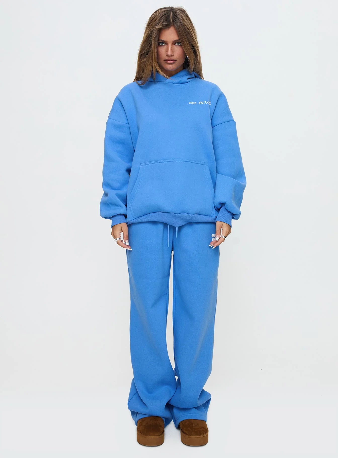 Princess Polly Hooded Sweatshirt Bubble Text Blue White