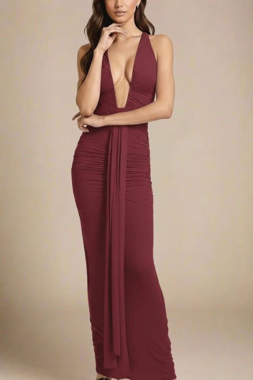 Bella Bodycon Wrap Maxi Dress Red Wine