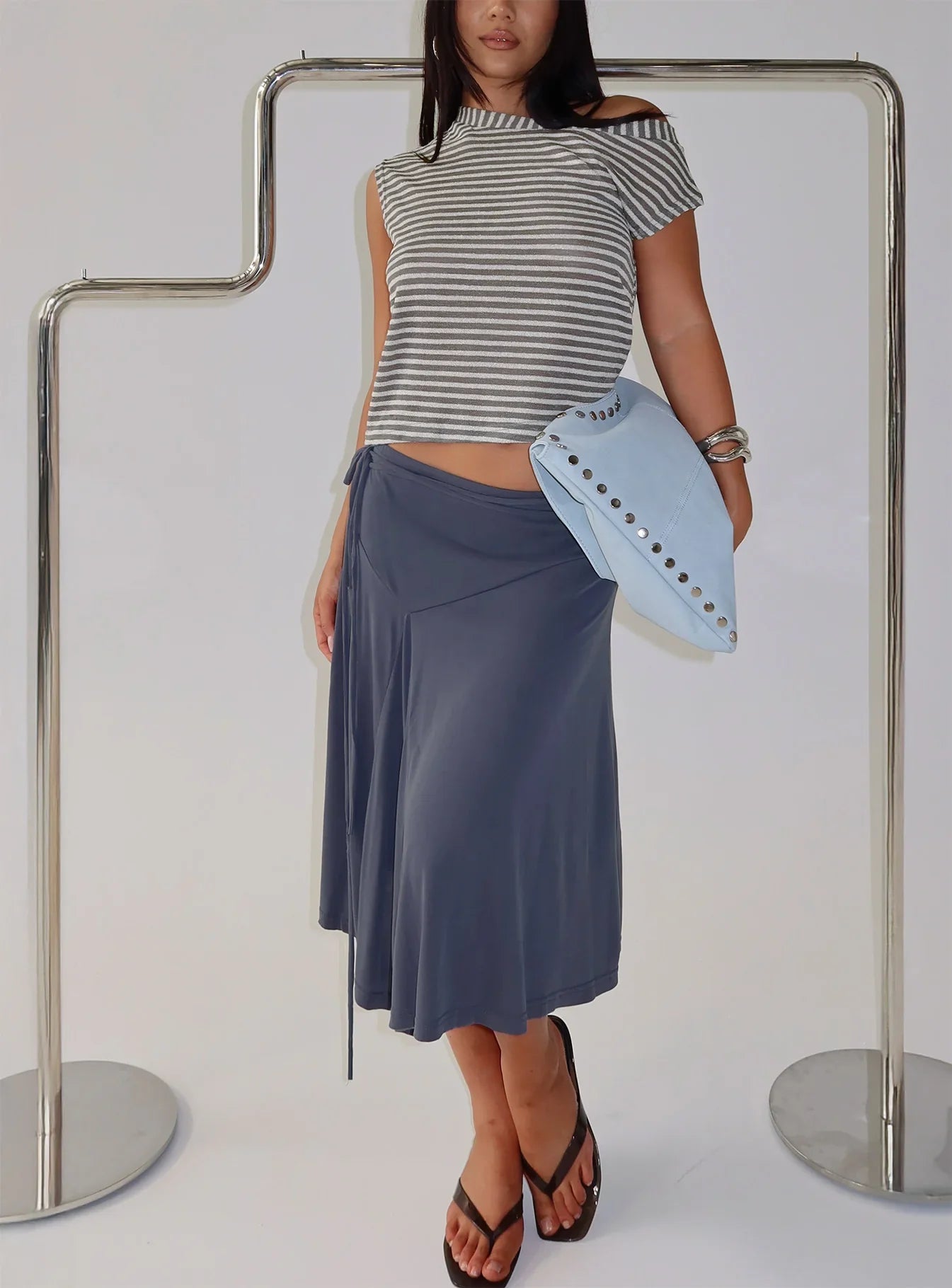 Joaney Tie Side Jersey Midi Skirt Slate